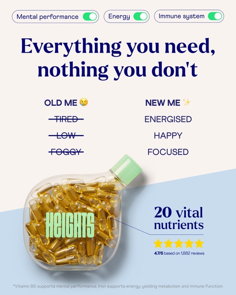 This ad uses a clean, grid-based visual comparison to highlight the tangible lifestyle benefits of taking daily nutrients.